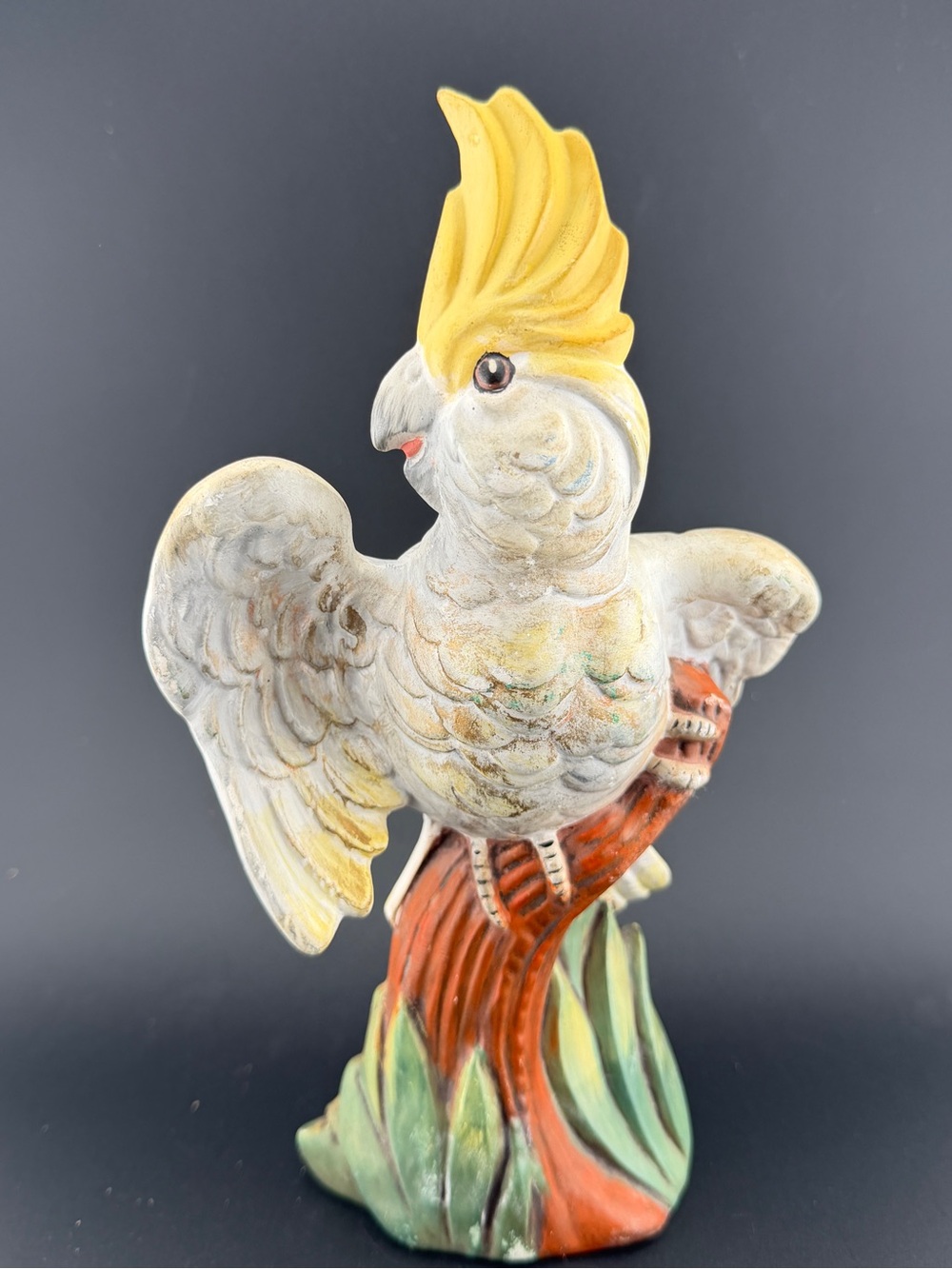 Vtg Hand Painted Ceramic yellow crested Cockatoo Bird Figurine 9” matte finish